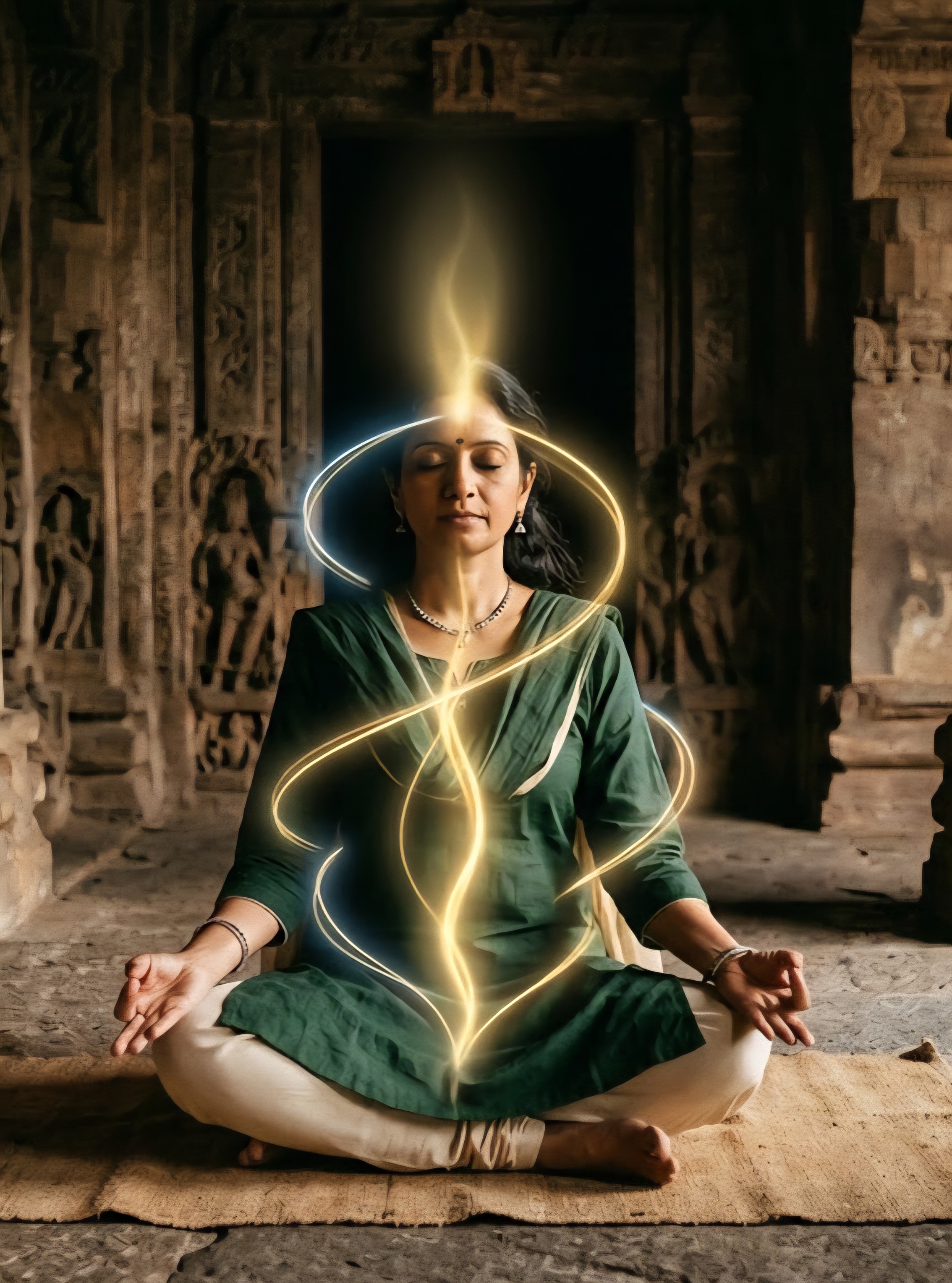Femme assise en méditation dans un temple de pierre sculptée, un flux de lumière dorée s'élevant le long de sa colonne
